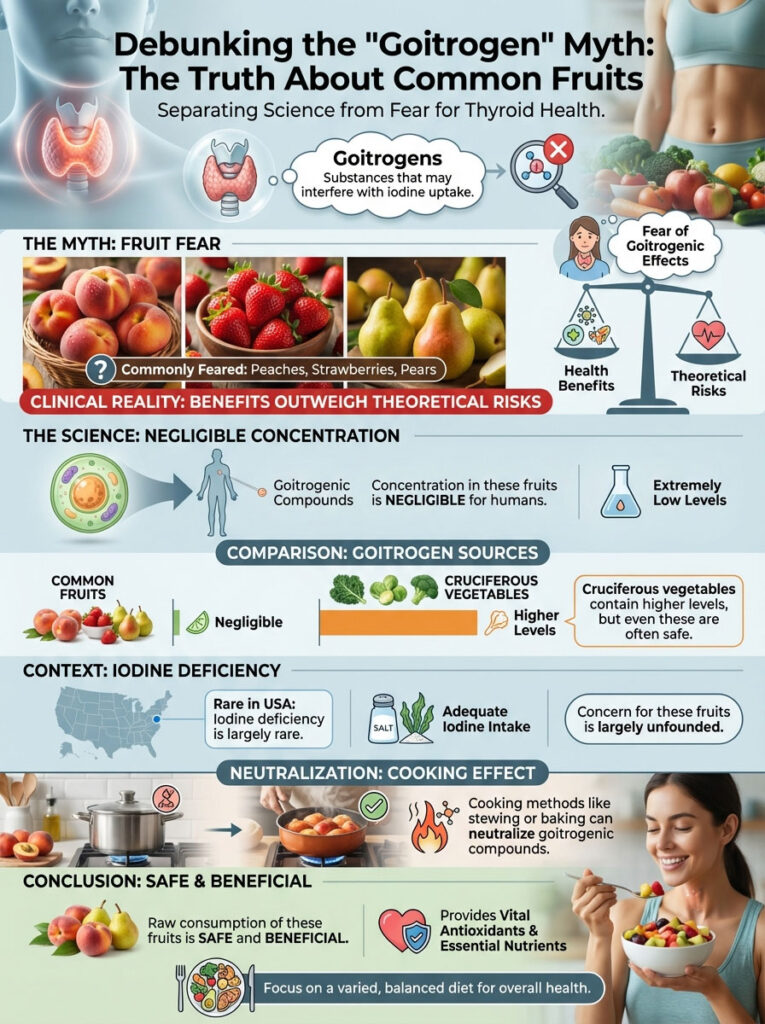 Infographic debunking goitrogen myths about fruits, showing benefits, risks, and cooking effects on health.