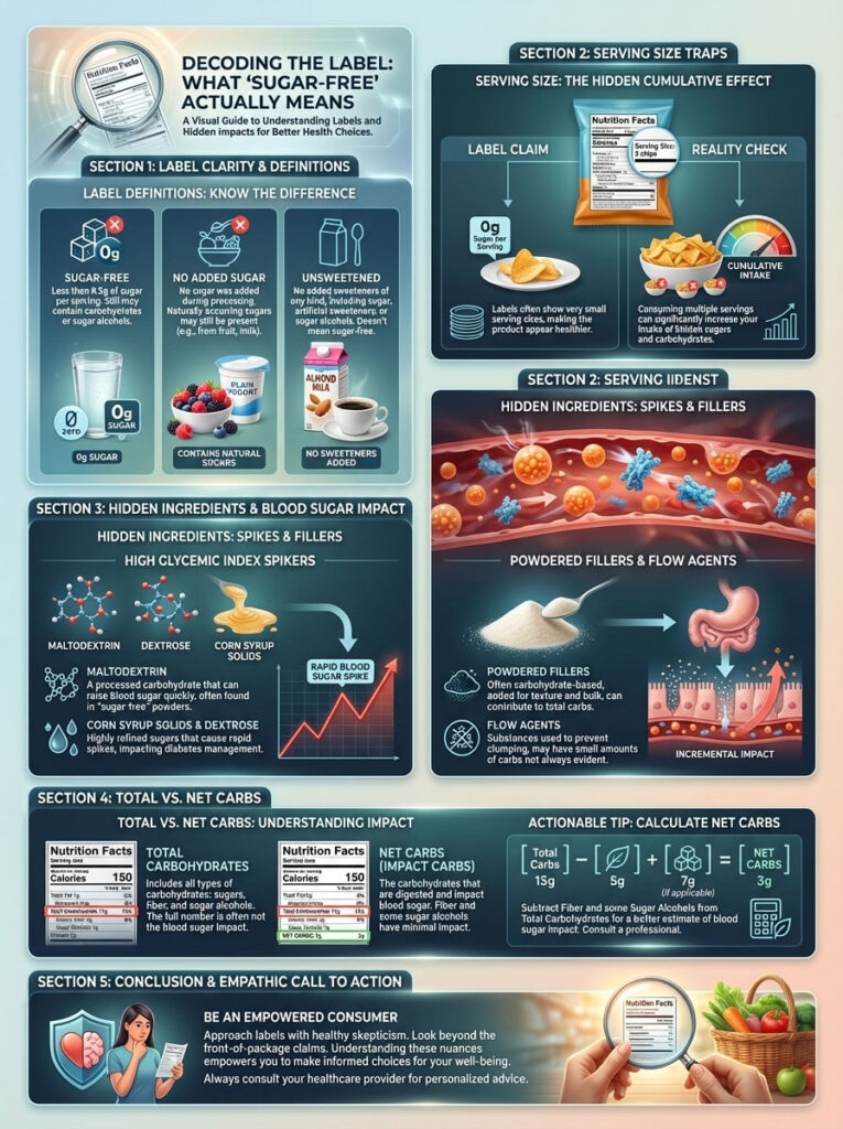 Infographic explaining sugar-free labels, hidden ingredients, and their health impacts with charts and illustrations.