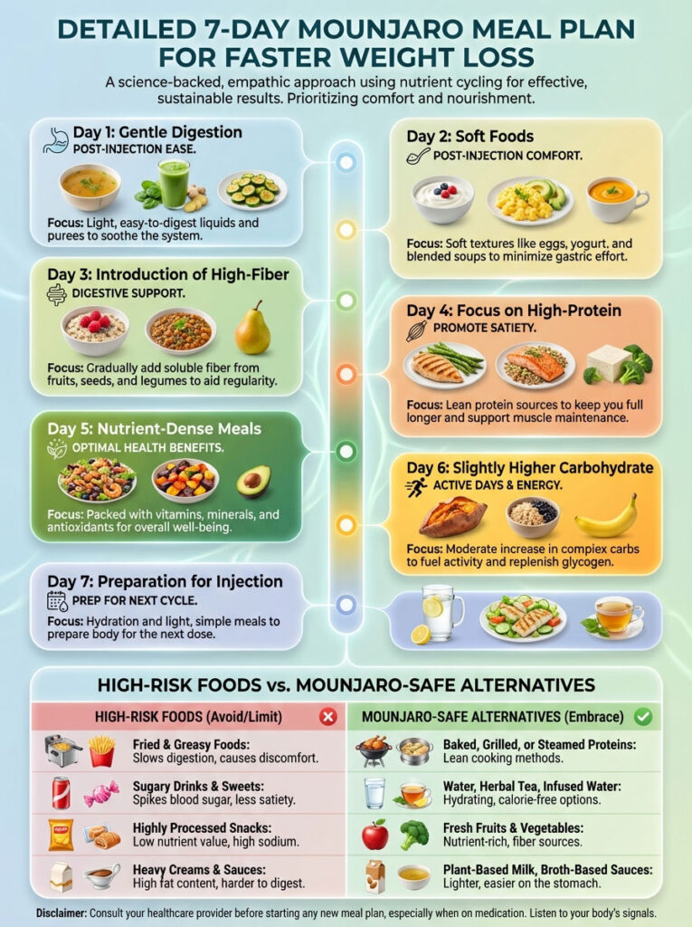 Detailed 7-day Mounjaro meal plan with daily focuses and high-risk food alternatives infographic.