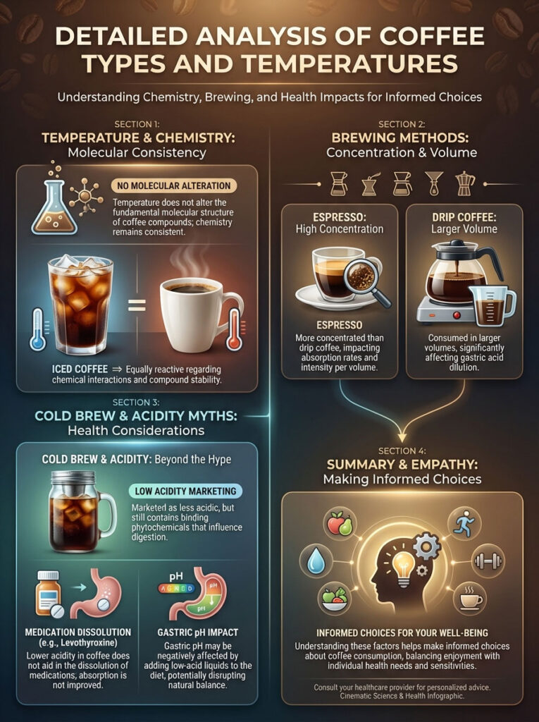 Infographic analyzing coffee types, temperatures, brewing methods, and health impacts with charts and icons.