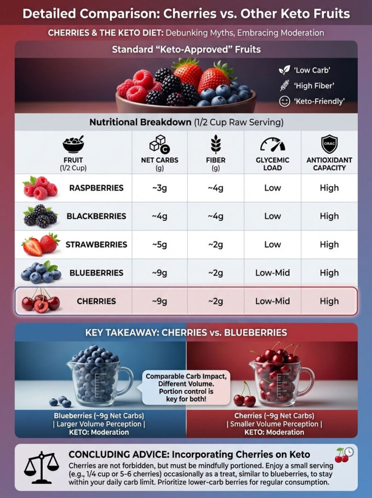 Infographic comparing nutritional values of cherries, blueberries, and other keto fruits with charts and key takeaways.
