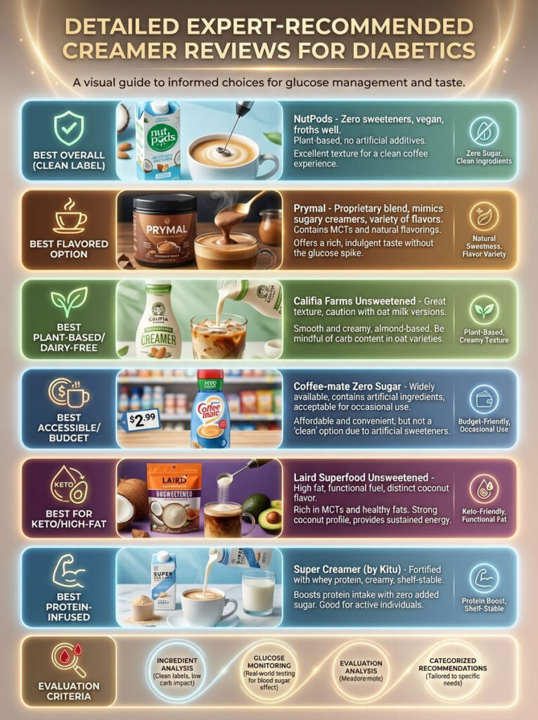 Infographic comparing diabetic-friendly creamers with ratings, descriptions, and images of products like NutPods and Prymal.