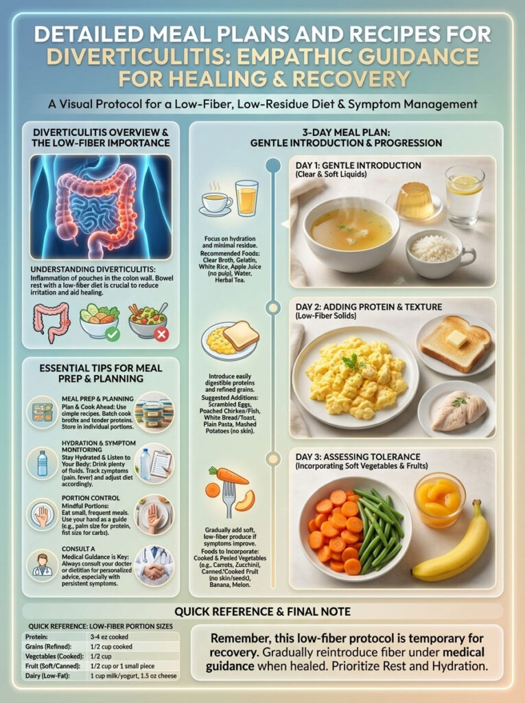 Infographic detailing meal plans for diverticulitis recovery, including food suggestions and hydration tips.