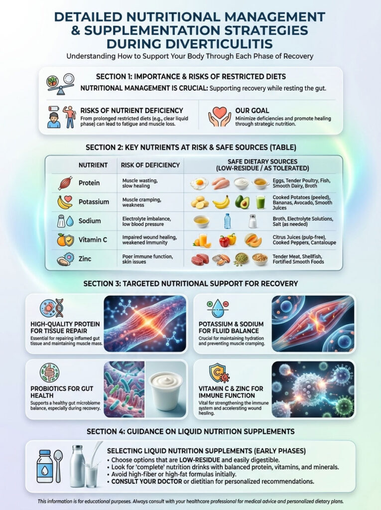 Infographic detailing nutritional management during diverticulitis, including nutrient risks and safe sources.