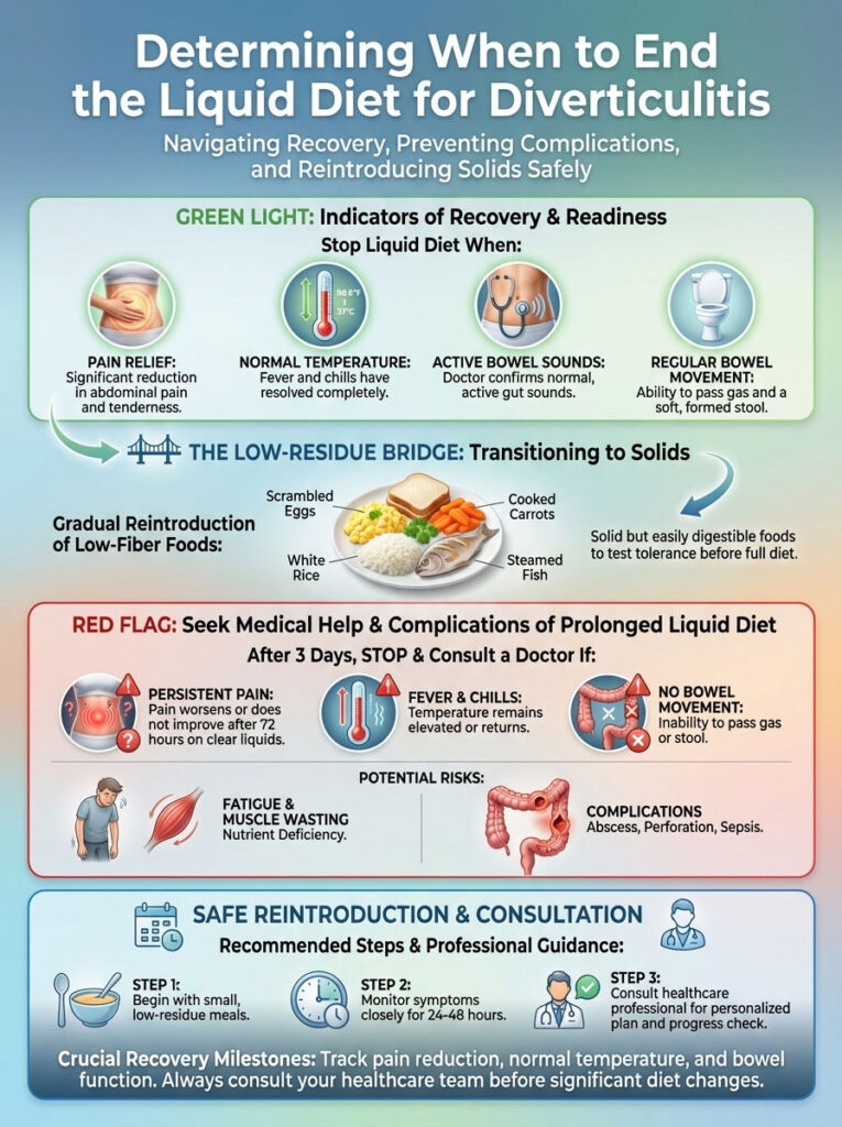Infographic showing indicators for ending a liquid diet for diverticulitis, including symptoms and food suggestions.