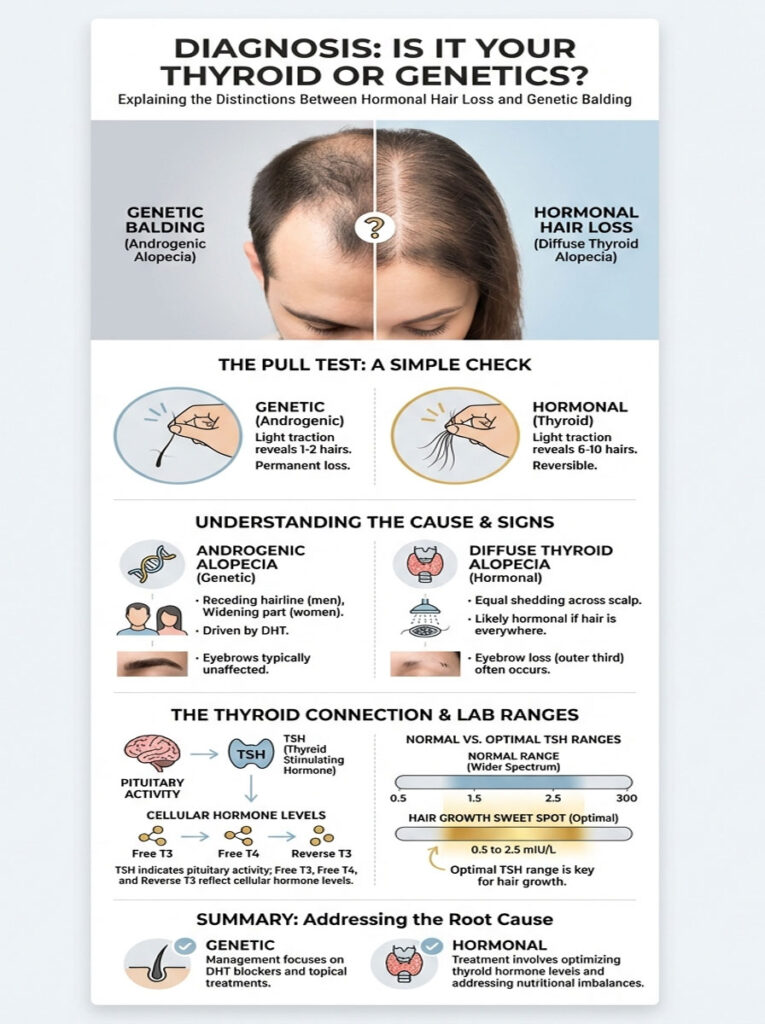 Infographic comparing genetic balding and hormonal hair loss with pull test results and thyroid connection details.