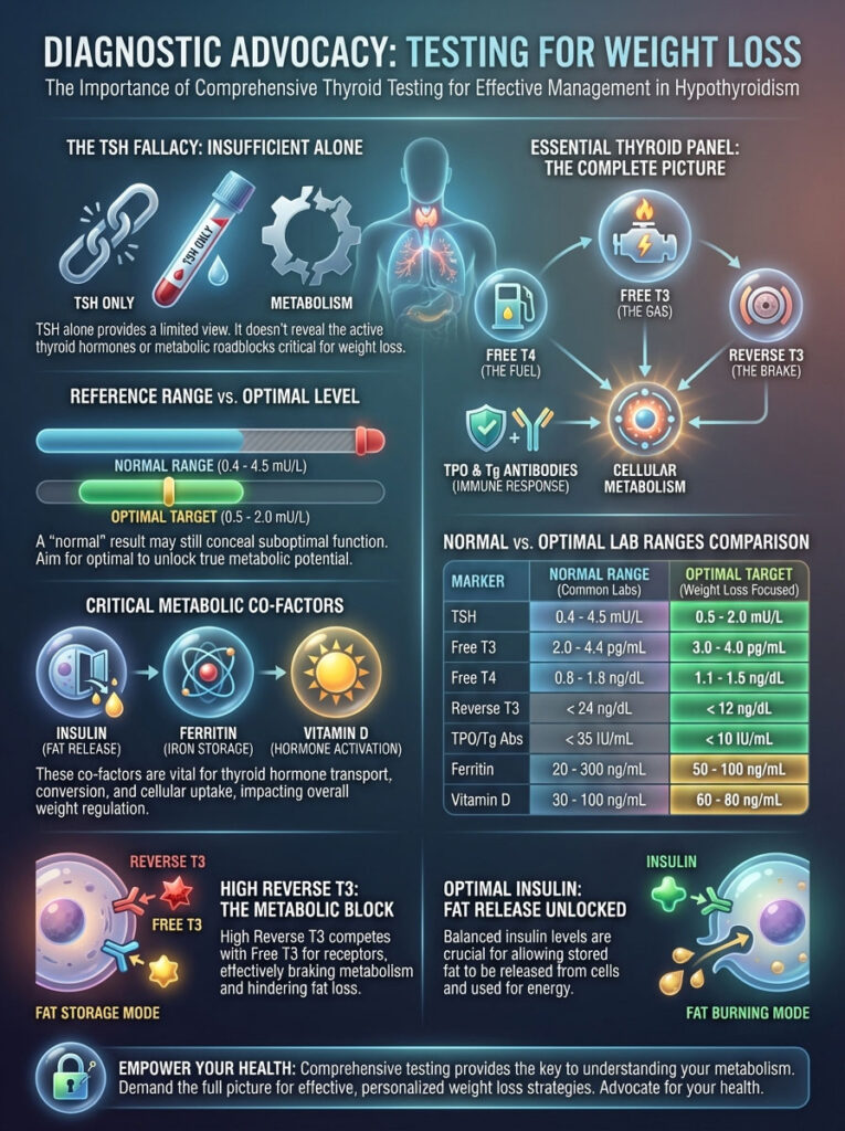 Infographic showing thyroid testing importance for weight loss, with charts on TSH, Free T3, and metabolic factors.