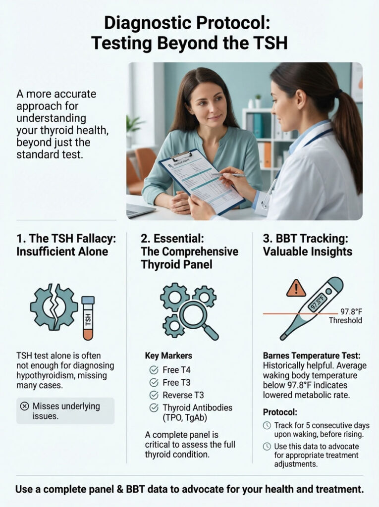 Infographic detailing diagnostic protocol for thyroid health, featuring TSH fallacy, comprehensive thyroid panel, and BBT tracking.