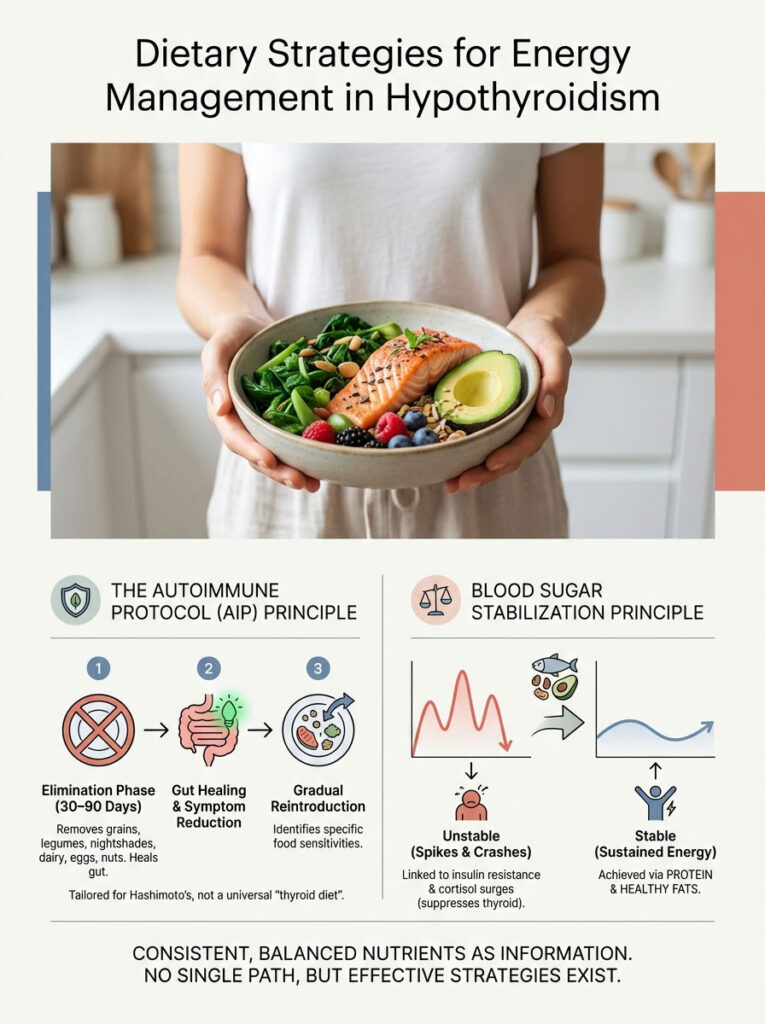 A woman holds a bowl of salmon, greens, and berries, illustrating dietary strategies for hypothyroidism management. Infographic.
