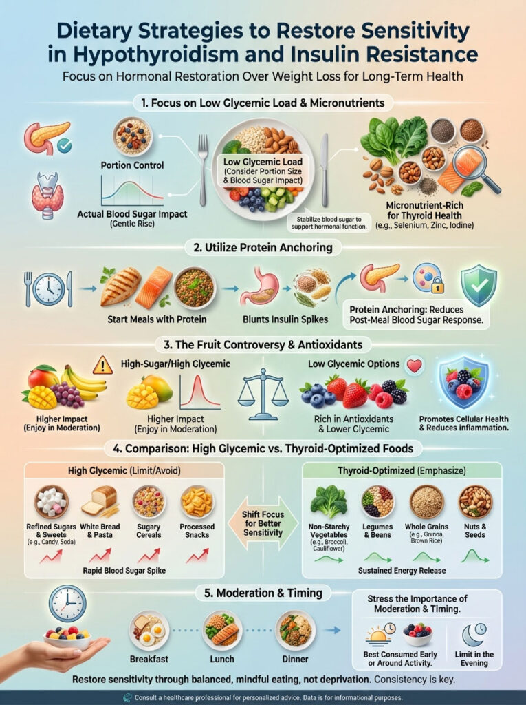 Infographic detailing dietary strategies for hypothyroidism and insulin resistance, featuring charts and food illustrations.