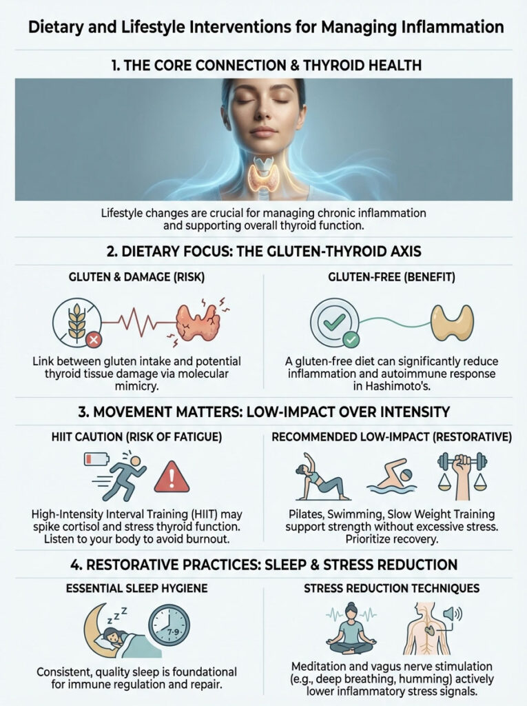 Infographic on managing inflammation with lifestyle changes, featuring sections on thyroid health, gluten, exercise, and sleep.
