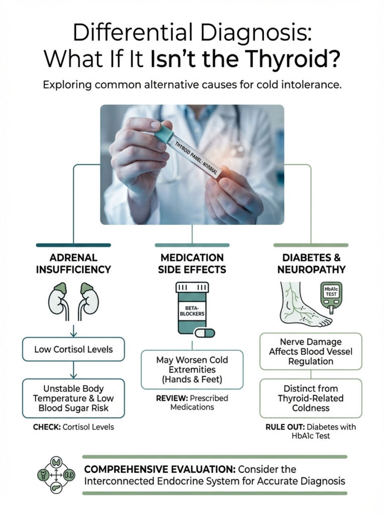 Infographic on differential diagnosis for cold intolerance, detailing adrenal insufficiency, medication side effects, and diabetes.