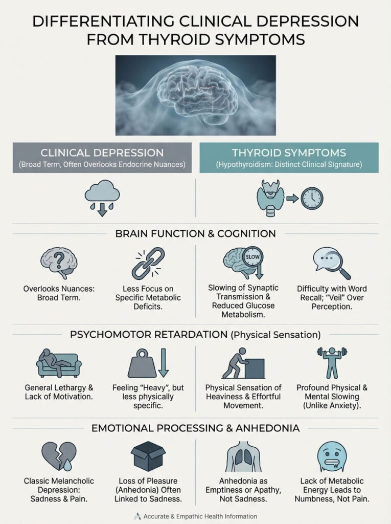 Infographic comparing clinical depression and thyroid symptoms with icons and data on brain function, psychomotor retardation, and emotional processing.