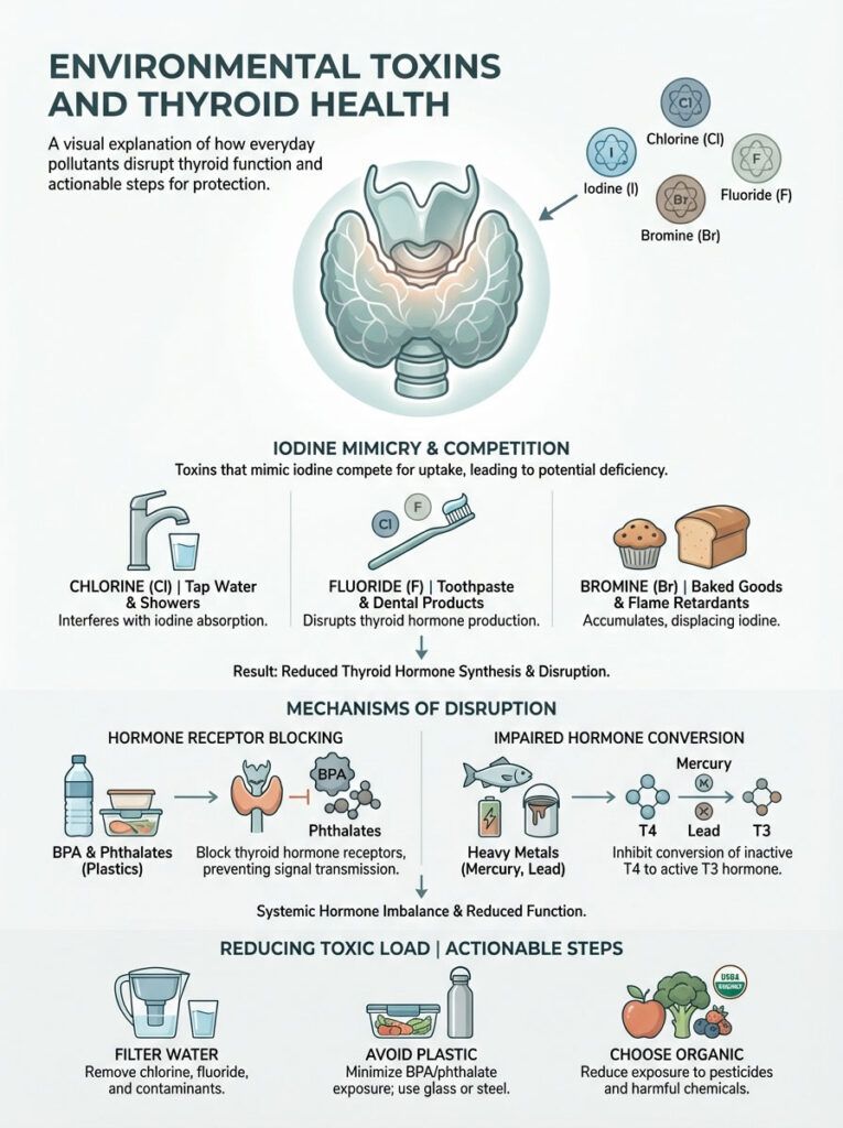 Infographic showing environmental toxins affecting thyroid health, including iodine mimics and actionable steps for protection.