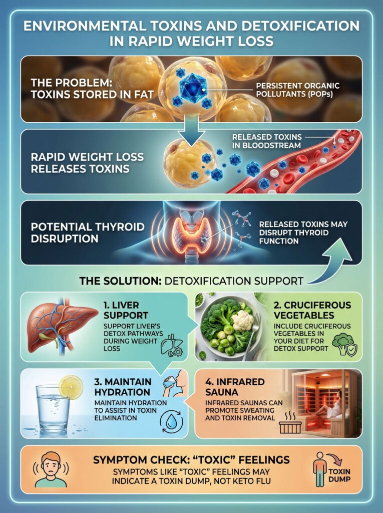 Infographic showing environmental toxins in weight loss, liver support, hydration, and detox solutions.