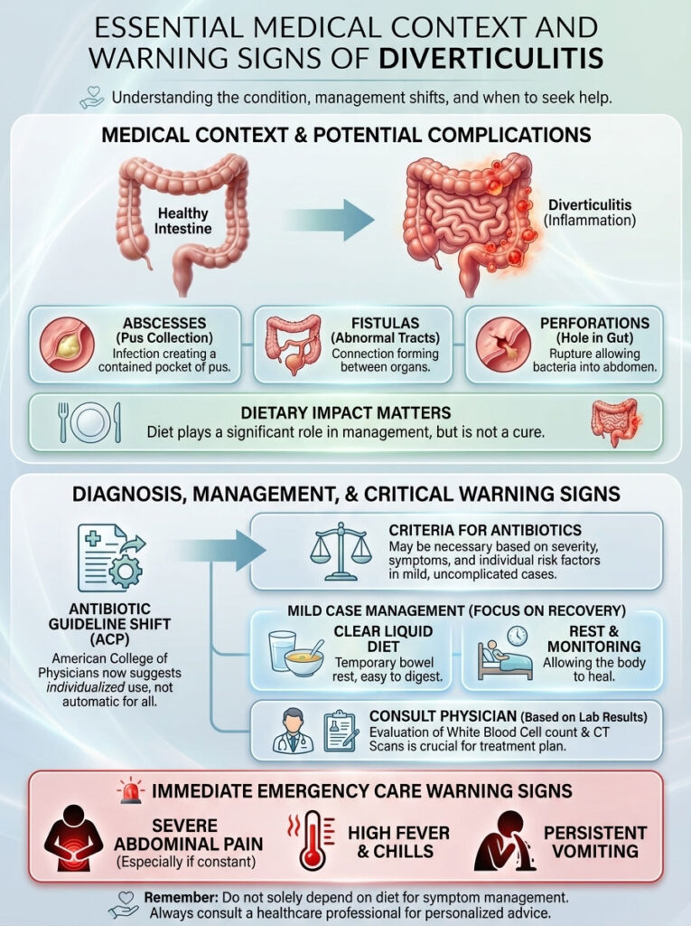 Infographic detailing diverticulitis signs, complications, and management strategies with illustrations and text.