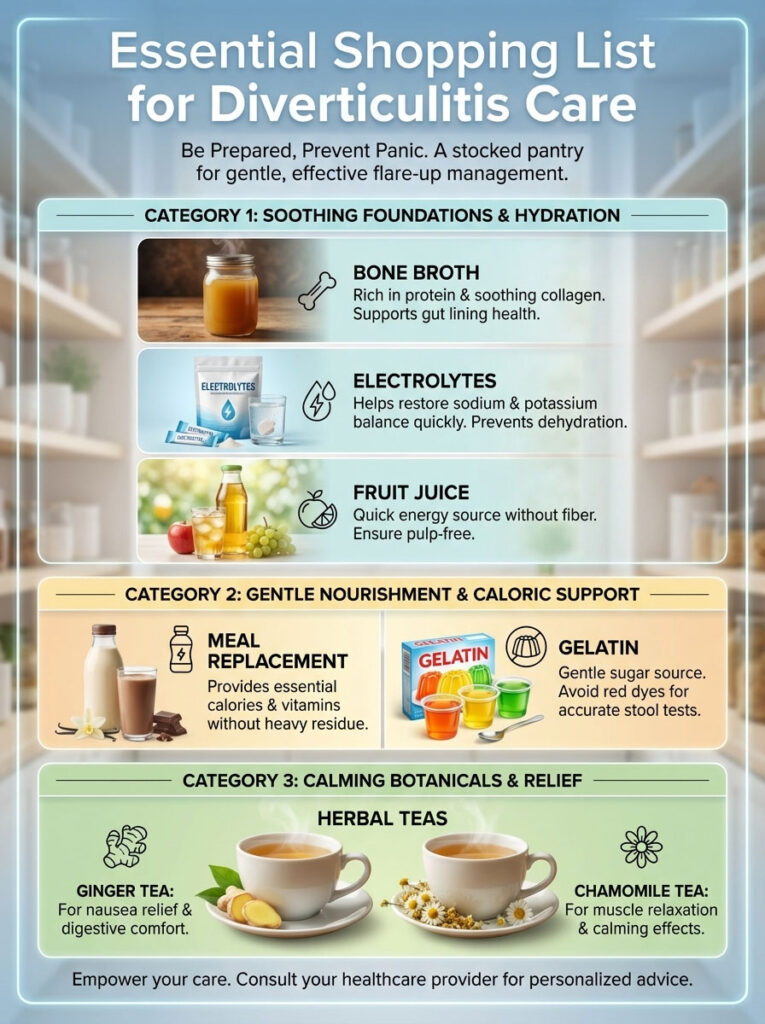 Essential shopping list for diverticulitis care with categories and items like bone broth, electrolytes, and herbal teas. Infographic.