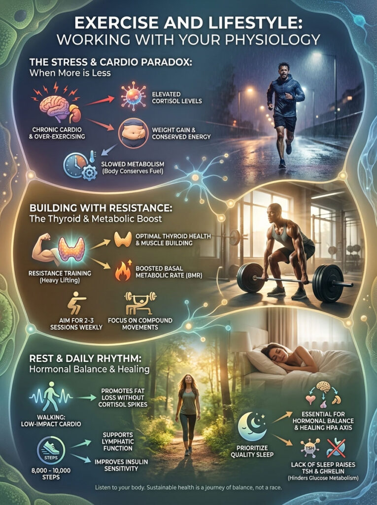 Infographic showing exercise and lifestyle tips, including stress effects, resistance training, and sleep importance.