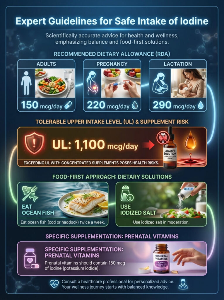 Infographic showing iodine intake guidelines for adults, pregnancy, and lactation with dietary solutions and supplement risks.