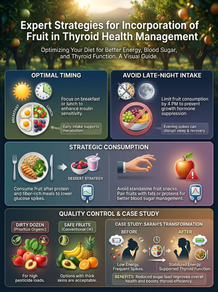 Infographic detailing strategies for incorporating fruit in thyroid health management, including timing and consumption tips.