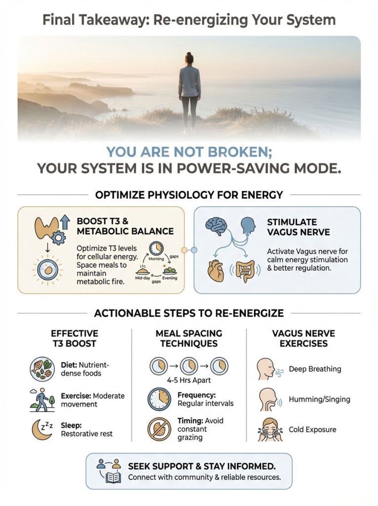 Infographic detailing energy optimization techniques, including T3 boost, meal spacing, and vagus nerve exercises.