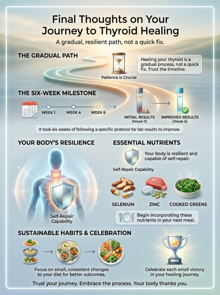 Infographic illustrating thyroid healing journey with milestones, essential nutrients, and self-repair capabilities.