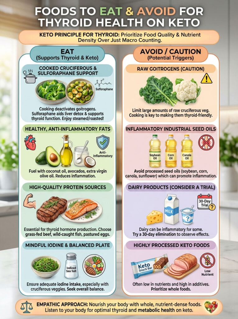 Infographic detailing foods to eat and avoid for thyroid health on keto, featuring charts and icons for each category.