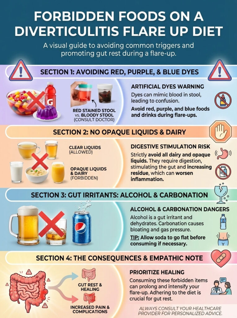 Infographic detailing forbidden foods for diverticulitis flare-ups, including sections on dyes, liquids, and alcohol.
