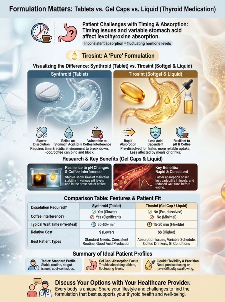 Infographic comparing Synthroid tablets and Tirosint gel caps/liquid for thyroid medication absorption and benefits.