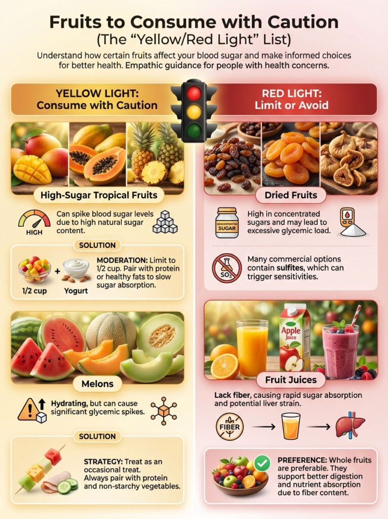 Infographic detailing fruits to consume with caution, highlighting yellow and red light categories, solutions, and illustrations.