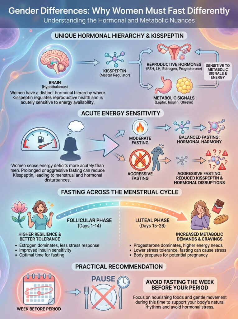 Infographic explaining hormonal differences in women's fasting, including charts on energy sensitivity and menstrual phases.
