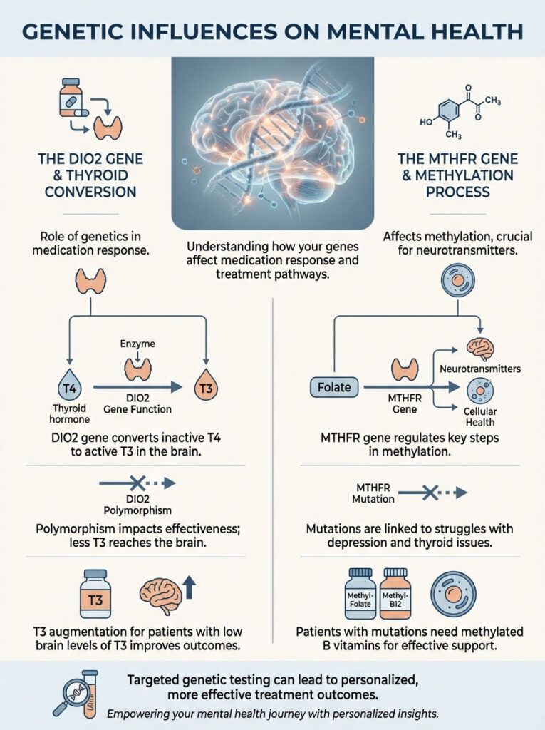 Infographic showing genetic influences on mental health, detailing DIO2 and MTHFR genes, thyroid conversion, and methylation process.