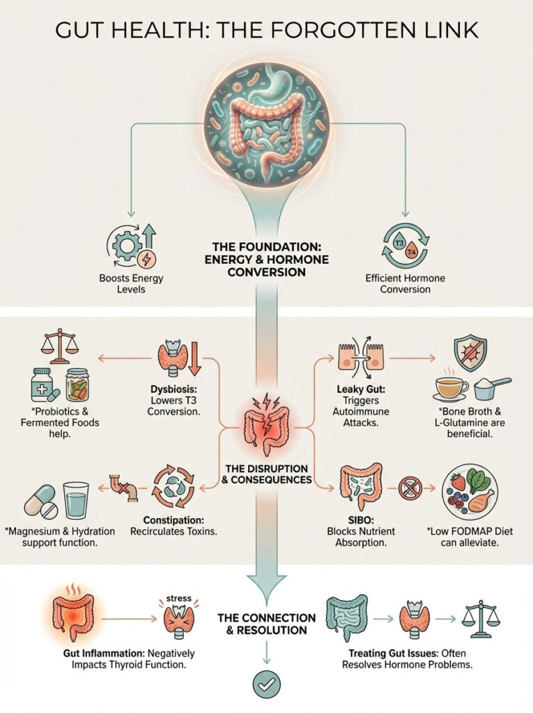 Infographic illustrating gut health, showing energy conversion, dysbiosis, leaky gut, and treatment options.