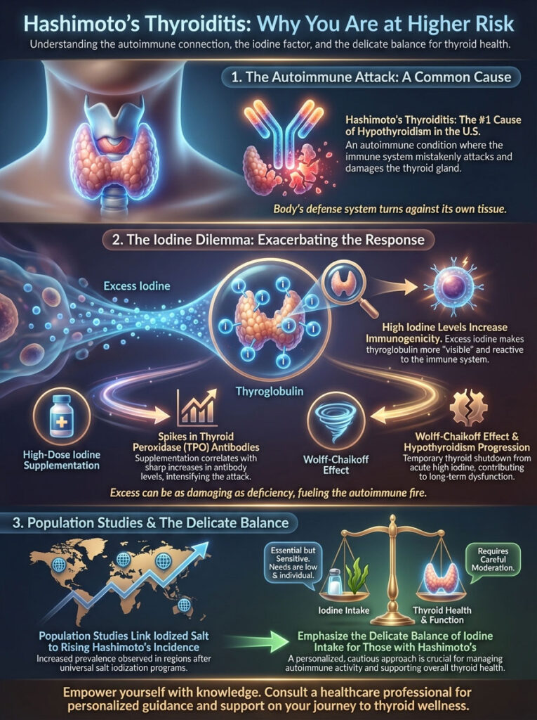 Infographic illustrating Hashimoto's Thyroiditis, autoimmune response, iodine effects, and thyroid health balance.
