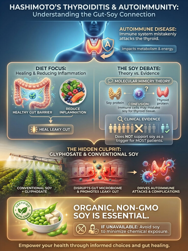 Infographic explaining Hashimoto's thyroiditis, autoimmune disease, diet focus, soy debate, and glyphosate impact.