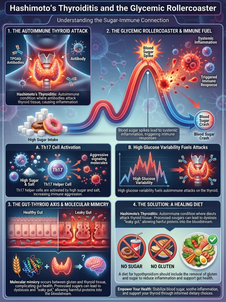 Infographic showing Hashimoto's Thyroiditis, glycemic rollercoaster, immune response, and healing diet solutions.