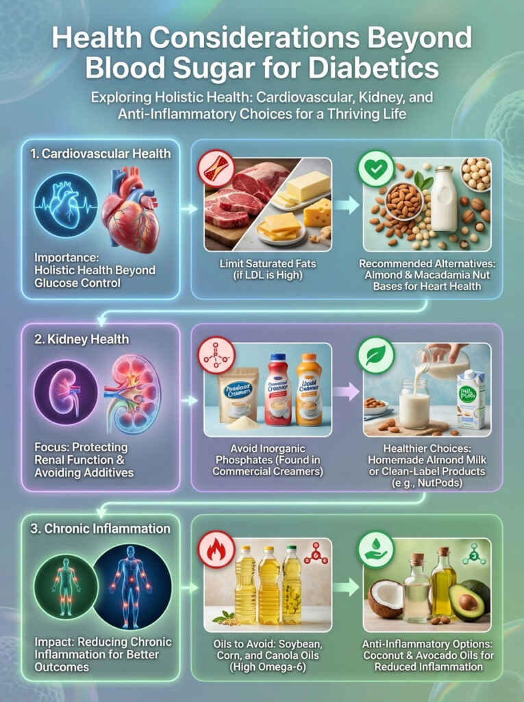 Infographic on health considerations for diabetics, highlighting cardiovascular, kidney, and inflammation factors with visuals.