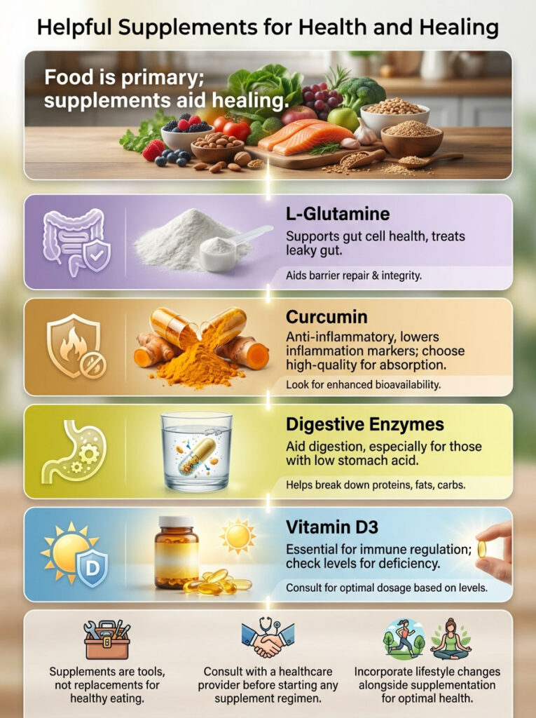 Infographic detailing helpful supplements for health: L-Glutamine, Curcumin, Digestive Enzymes, Vitamin D3.
