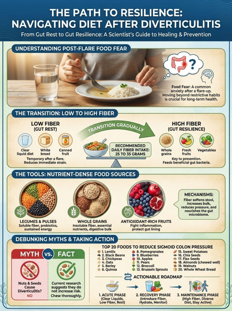 Infographic detailing diet guidance after diverticulitis, featuring food categories and fiber recommendations.