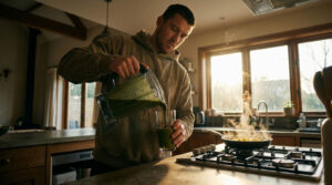 A man pours green smoothie from a blender into a glass while cooking in a sunny kitchen.