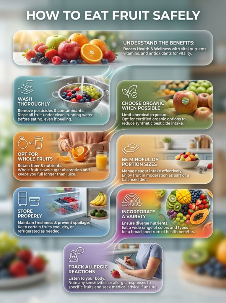 Infographic on safe fruit consumption with tips on washing, choosing organic, and portion sizes=