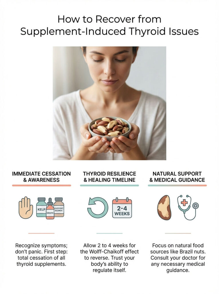 A woman holds a bowl of nuts, with text on recovering from supplement-induced thyroid issues and icons for guidance.
