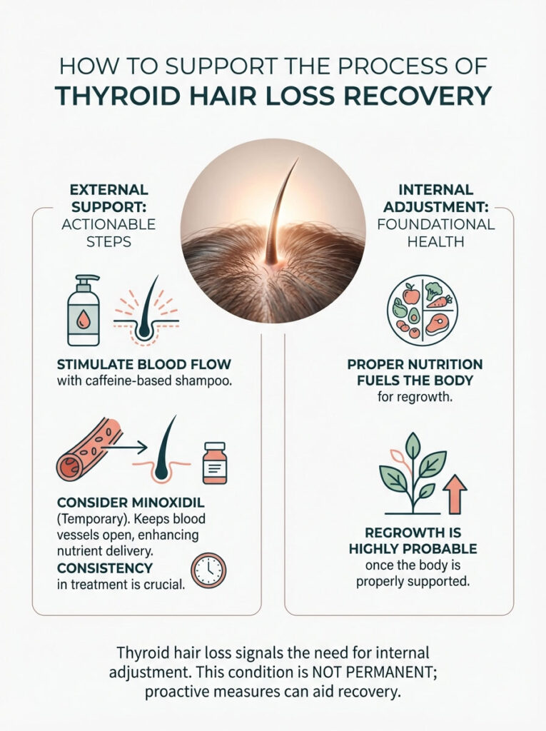 Infographic on thyroid hair loss recovery with actionable steps and nutrition tips for regrowth.