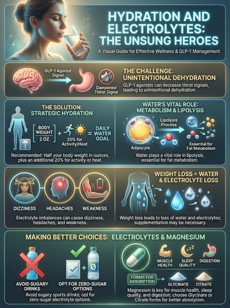 Infographic on hydration and electrolytes, featuring charts, icons, and key data about hydration strategies and health impacts.