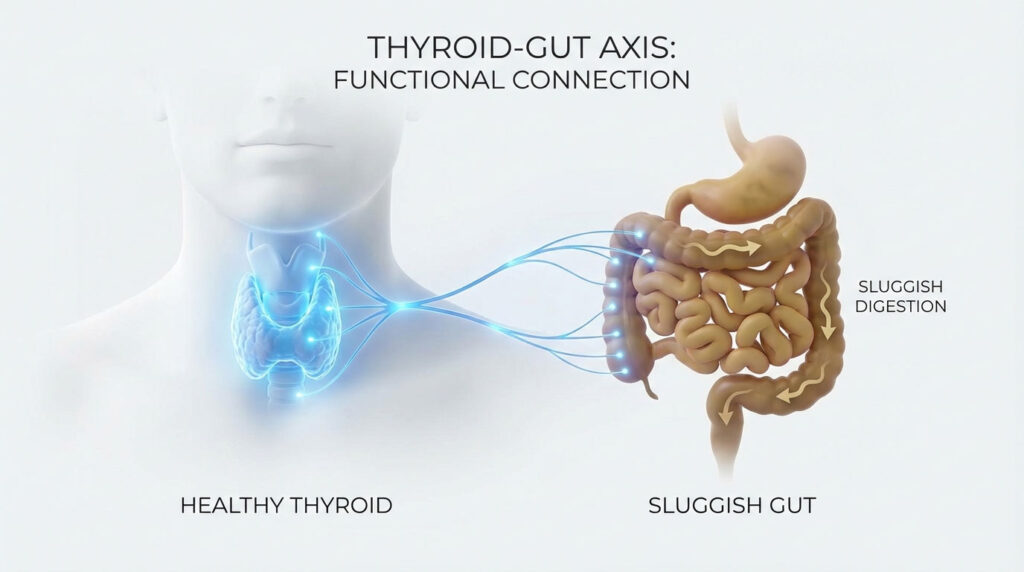 A digital illustration showing the thyroid gland connected to the gut, labeled with "Healthy Thyroid" and "Sluggish Gut."