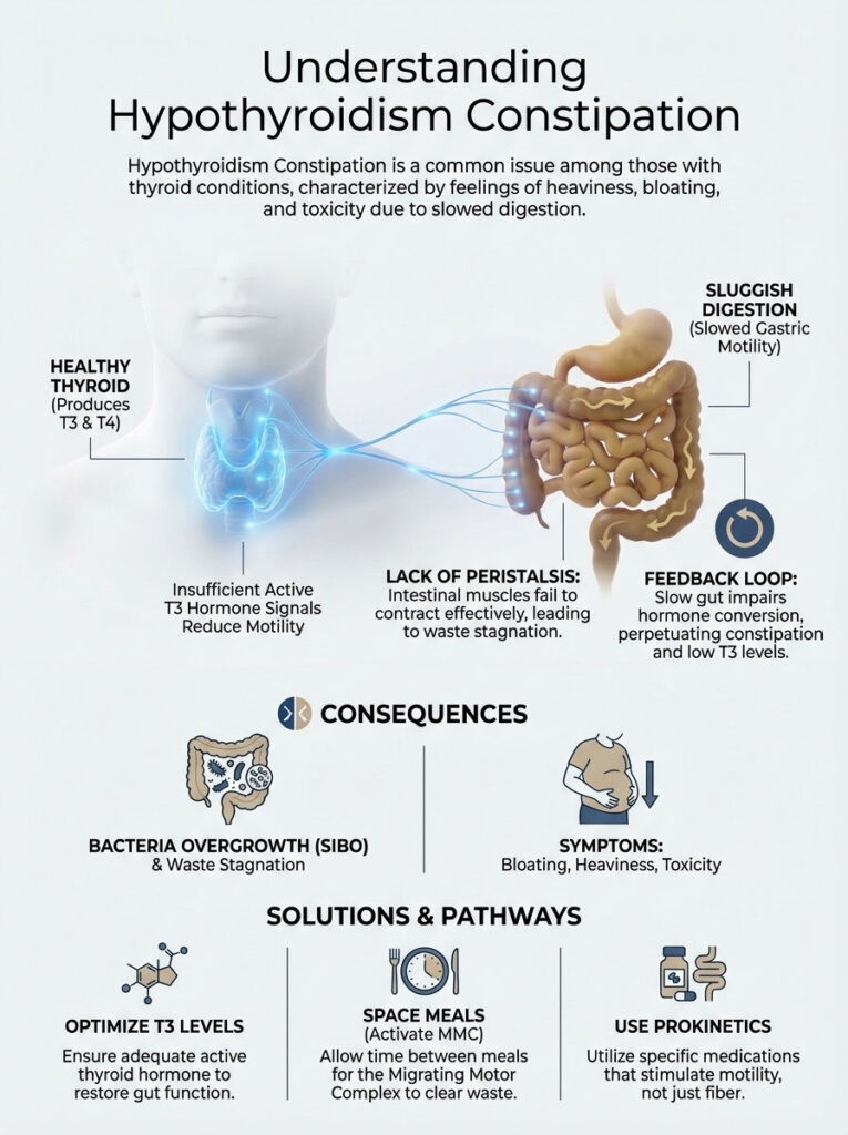 Infographic explaining hypothyroidism constipation causes, symptoms, and solutions with illustrations and text.