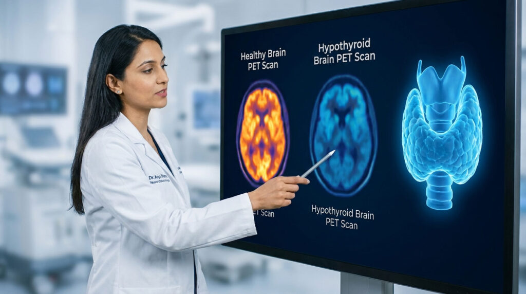 A doctor in a lab coat points at brain PET scans on a screen, comparing healthy and hypothyroid images.