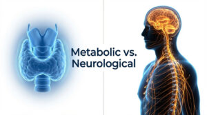 A blue thyroid gland illustration beside a glowing outline of a human brain and spine with text "Metabolic vs. Neurological."