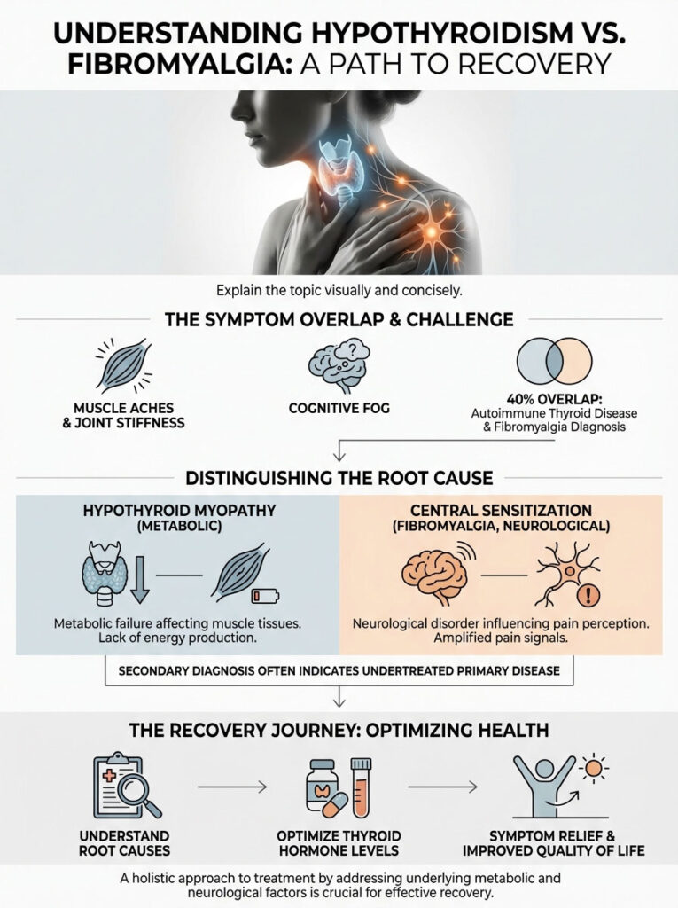 Infographic explaining hypothyroidism vs. fibromyalgia with symptoms, root causes, and recovery journey steps.