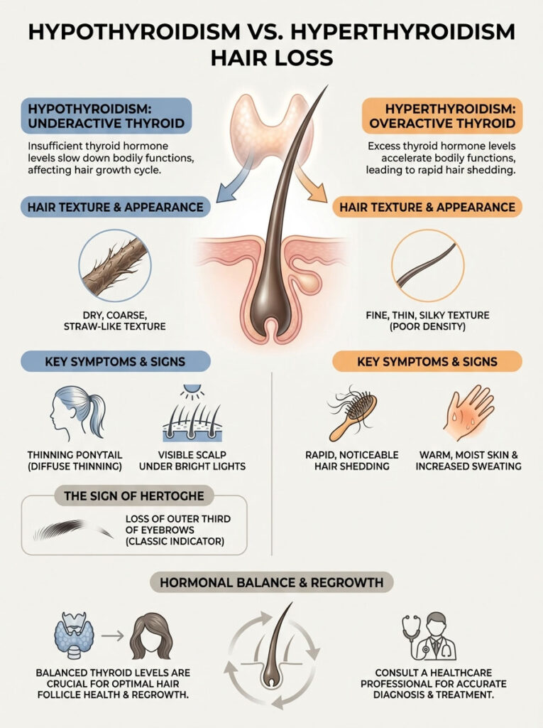 Infographic comparing hypothyroidism and hyperthyroidism hair loss, detailing symptoms, hair texture, and treatment advice.